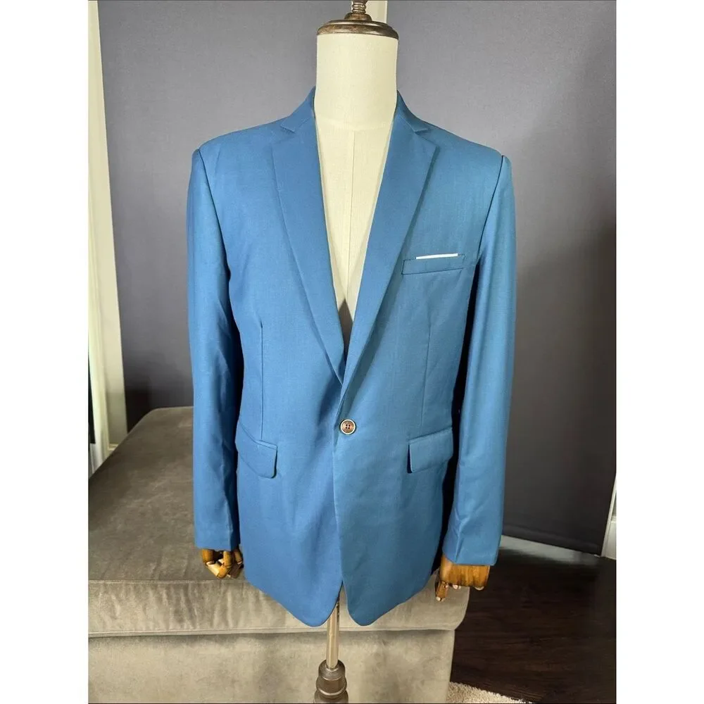 Men's Blue Single Breasted Blazer Suit Jacket Notched Lapel One Button Size 42